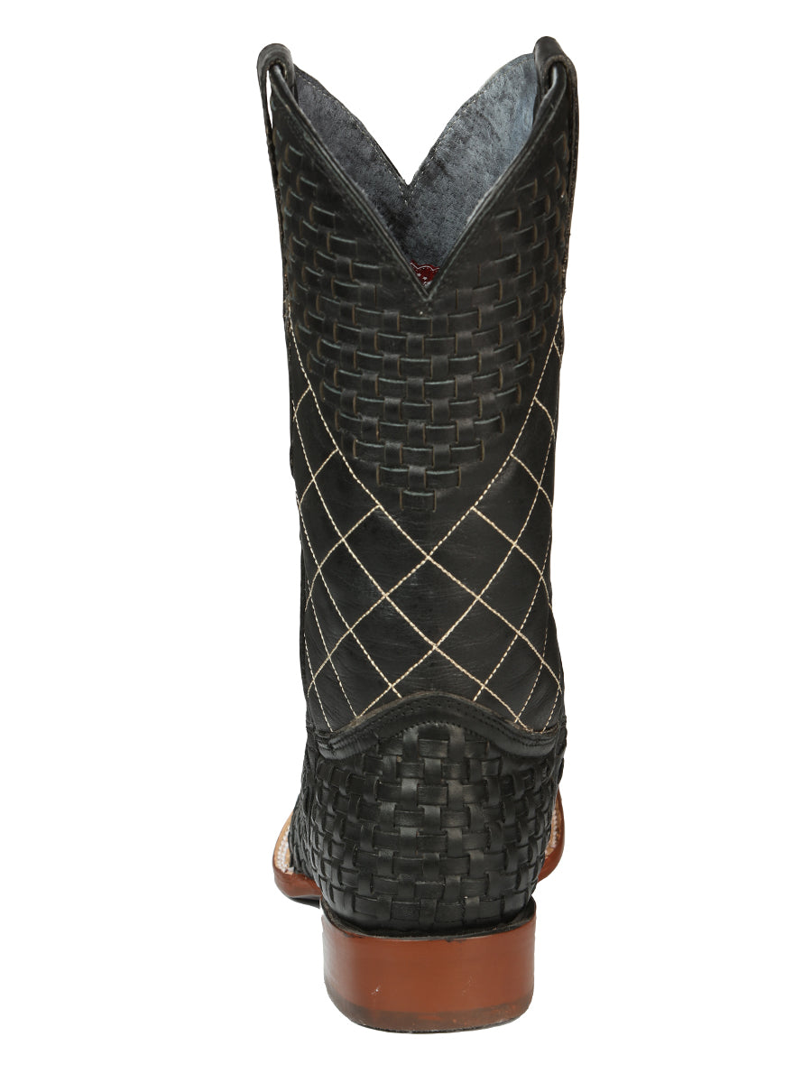 El General Men's Leather Square Toe Cowboy Boots - Petatillo/Woven Pattern  - Black 45438