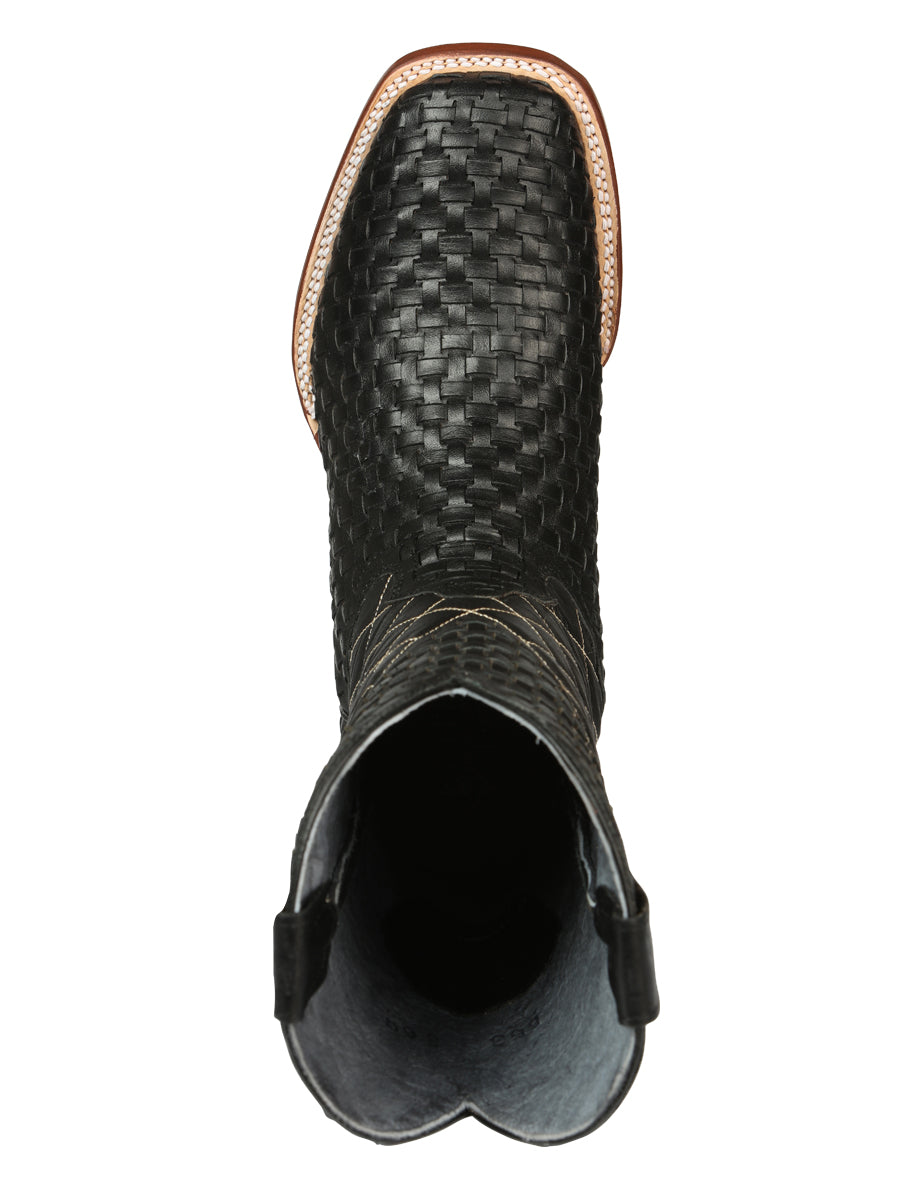 El General Men's Leather Square Toe Cowboy Boots - Petatillo/Woven Pattern  - Black 45438