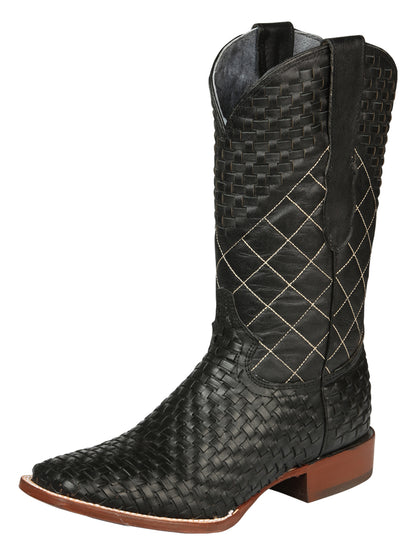 El General Men's Leather Square Toe Cowboy Boots - Petatillo/Woven Pattern  - Black 45438