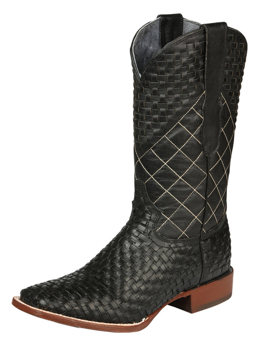 El General Men's Leather Square Toe Cowboy Boots - Petatillo/Woven Pattern  - Black 45438
