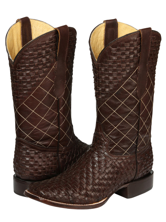 El General Men's Leather Square Toe Cowboy Boots - Petatillo/Woven Pattern  - Brown 45440