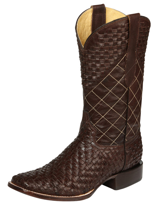El General Men's Leather Square Toe Cowboy Boots - Petatillo/Woven Pattern  - Brown 45440