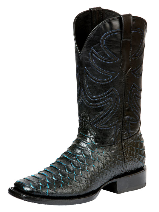 El General Men’s Square Toe 100% Leather Cowboy Rodeo Boot - Black & Blue Python Print - Black/Blue 45564