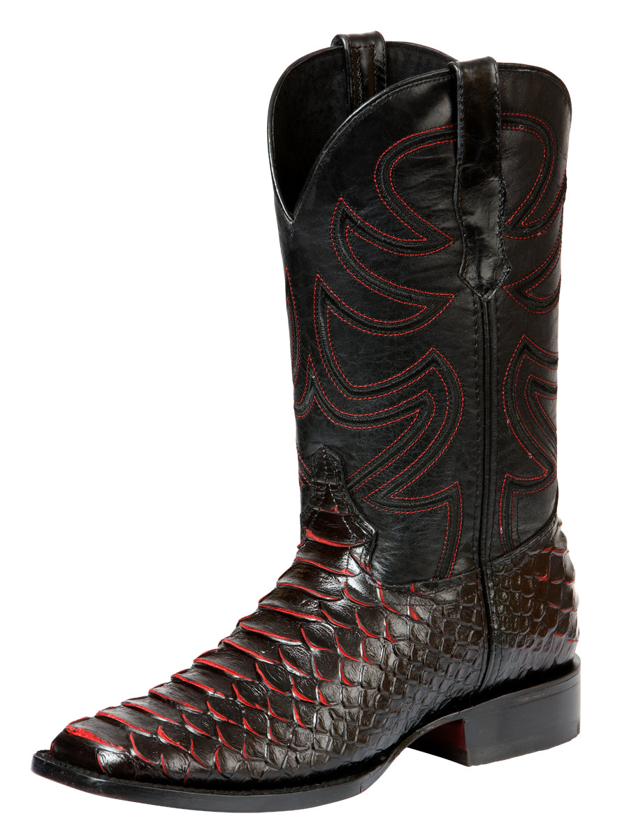 El General Men’s Square Toe Leather Cowboy Rodeo Boot in Python Print - Black/Red 45565