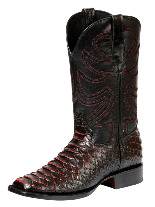 El General Men’s Square Toe Leather Cowboy Rodeo Boot in Python Print - Black/Red 45565