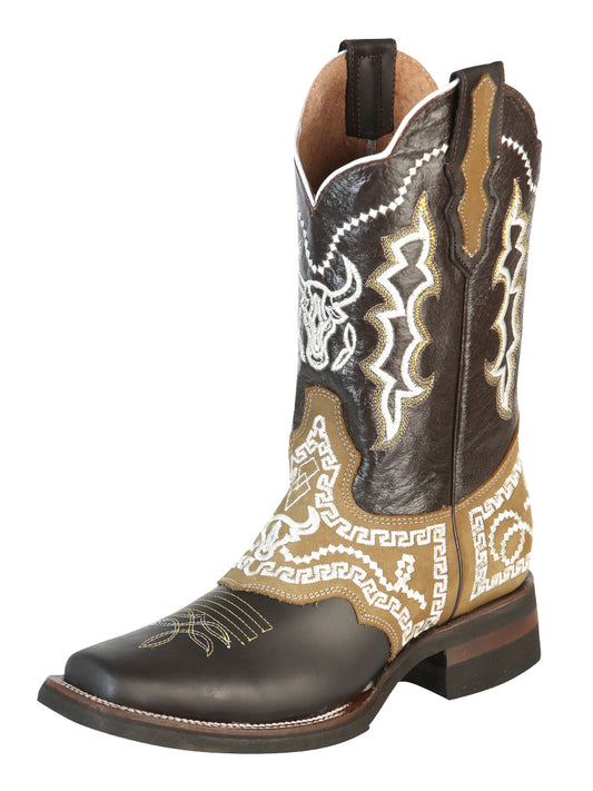 El General Men's Narrow Square Toe Cowboy Rodeo Boot - Crazy Brown with Embroidery - 51110