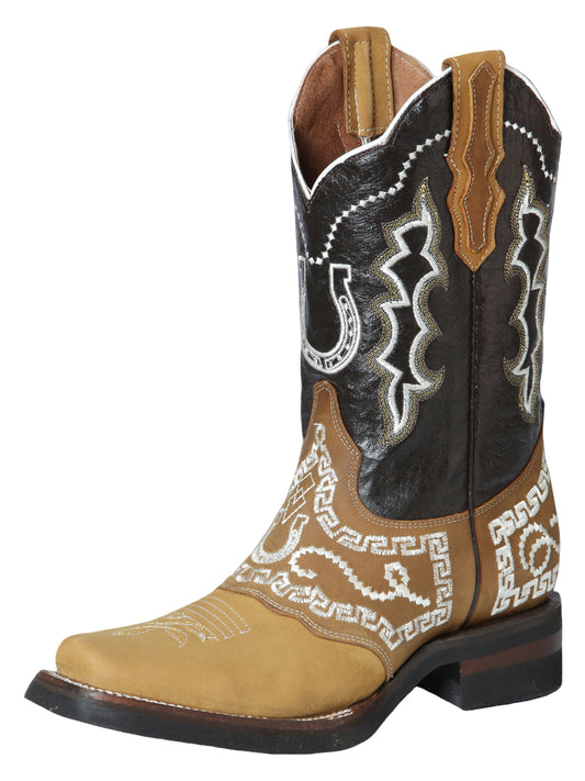 El General Men's Narrow Square Toe Cowboy Rodeo Boot - Nubuck Honey with Embroidery 51111