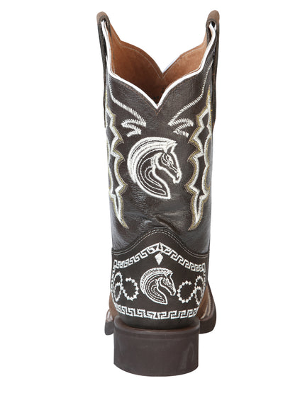 El General Men's Narrow Square Toe Cowboy Rodeo Boot - Nubuck Dark Brown with Embroidery 51117