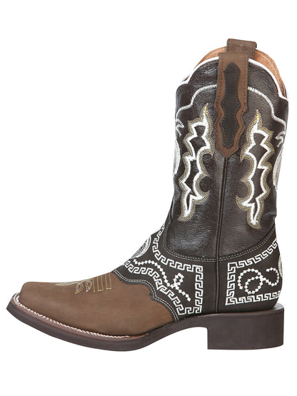 El General Men's Narrow Square Toe Cowboy Rodeo Boot - Nubuck Dark Brown with Embroidery 51117