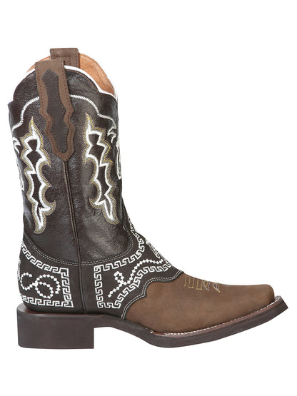 El General Men's Narrow Square Toe Cowboy Rodeo Boot - Nubuck Dark Brown with Embroidery 51117