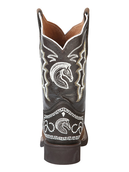 El General Men's Narrow Square Toe Cowboy Rodeo Boot - Nubuck Dark Brown with Embroidery 51117