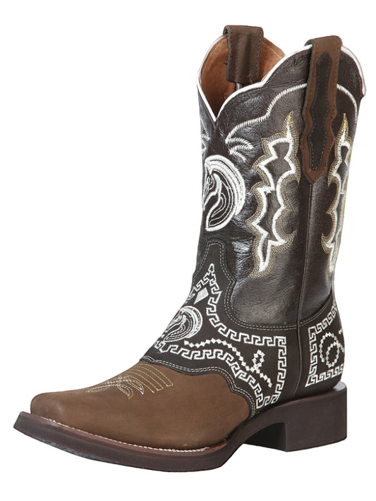 El General Men's Narrow Square Toe Cowboy Rodeo Boot - Nubuck Dark Brown with Embroidery 51117