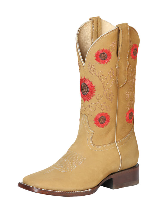 El General Woman's Square Toe Cowboy Rodeo Western Boot  - Leather Nubuck - Honey 51125