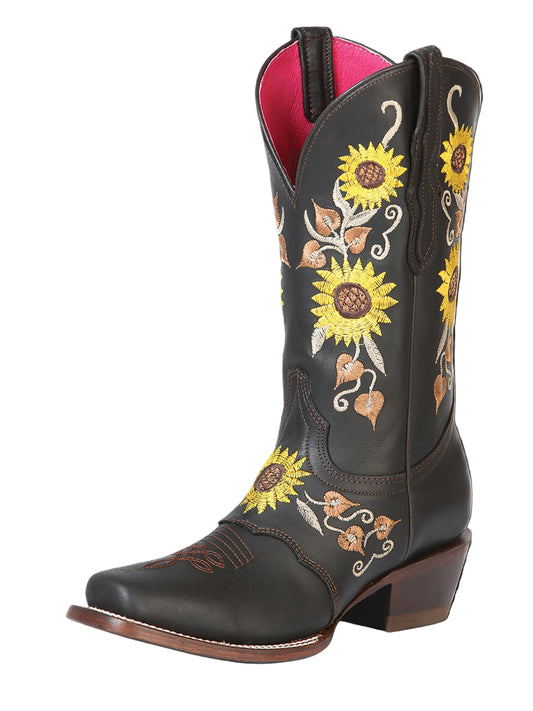 El General Women's Narrow Square Toe Cowboy Rodeo Western Boot with Leather Sole- Dark Brown/Sunflowers - 51144