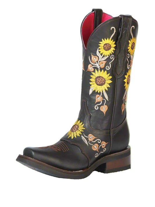 El General Women's Narrow Square Toe Cowboy Rodeo Western Boot- Dark Brown/Sunflowers - 51149