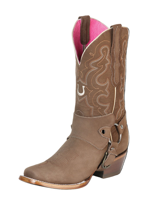Brown cowboy boot with pink interior with strap and Horseshoe Design