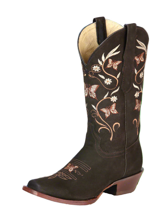 El General Women’s Narrow Square Toe Cowboy Rodeo Boots - Nubuck Leather - Brown 51227