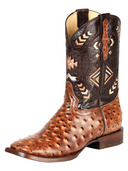 El General Men's Cowboy Rodeo Boot - 100% Leather - Printed Ostrich Shedron Brown 51239