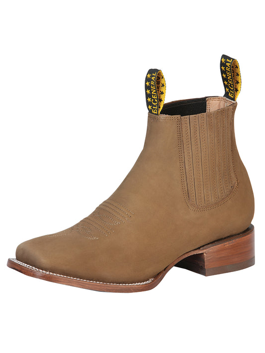 El General Square Toe Ankle Chelsea Boot w/ Embroidery- Botin Charro Cuadrado con Ringle - Nobuck Brown 126195