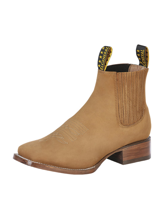 El General Square Toe Ankle Chelsea Boot w/ Embroidery - Botin Charro Cuadrado - Nobuck Old Gold 126196