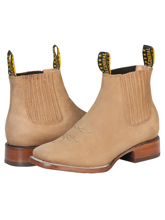El General Square Toe Ankle Boot w/ Embroidery Design - Nobuck Sand 126197